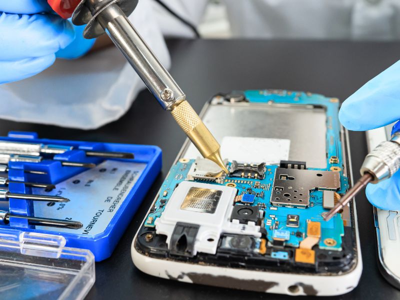 Gros plan d'une carte mère de smartphone endommagée avant une intervention en micro-soudure.